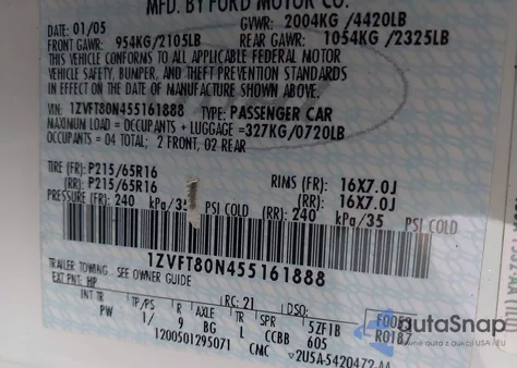 2005 Ford Mustang z USA, uszkodzony, nr VIN 1ZVFT80N455161888